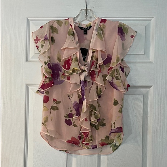 Ralph Lauren Tops - Ralph Lauren Pink Floral Ruffle Blouse